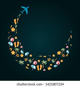 Tourist concept. The plane flying in a circle cuts the sky and leaves a trace associated with rest. Vector