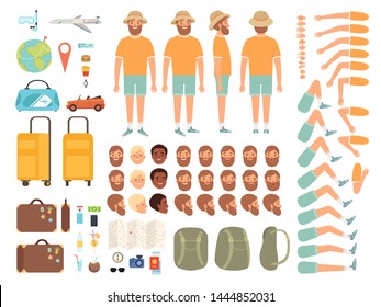 Tourist constructor. Male character body parts suitcase tickets and other items for travelling vector creation kit collection. Illustration of character animation man, part creation body