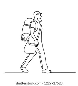 Tourist continuous one line vector drawing. Hand drawn backpacker. Camping, hiking. Traveler with backpack. Tourism. Outdoor recreation. Man traveling with baggage. Minimalistic contour illustration
