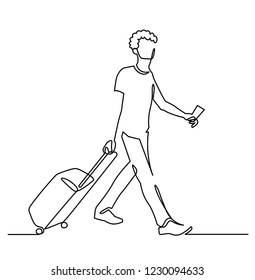 Tourist continuous one line vector drawing. Hand drawn man with suitcase. People at the airport. Traveler with baggage and plane ticket. Tourism. Outdoor recreation. Minimalistic contour illustration
