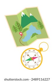 Tourist copass and map with abstract terrain. Hiking accessories for orienteering. Device, appliance, navigation tool, method of determining direction. Icon, symbol, object isolated