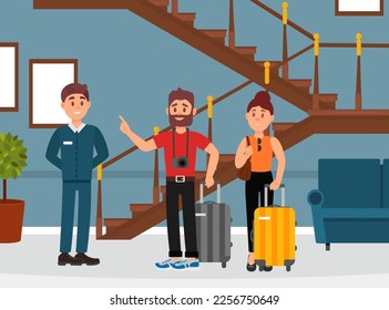 Tourist couple arriving at hotel hall with luggage. Manager meeting them in modern lobby interior cartoon vector