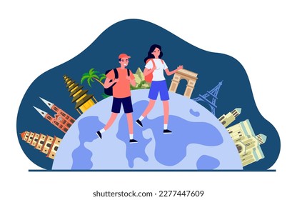 Tourist couple with backpacks walking on globe with landmarks. Man and woman traveling around world together flat vector illustration. Tourism recovery, travel, vacation concept