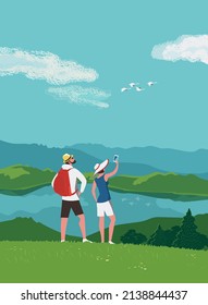 Tourist Couple enjoy Mountain Lake Landscpe. Tourist Travel Adventure Concept. Mounts Nature Scenic View Background. Discovery, Journey Outdoor Activity Banner Template Flat Color Vector Illustration