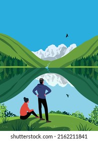 La Pareja Turística disfruta del Vector de Paisaje del Lago de Montaña. Concepto de Aventura Turística. Monta la Ilustración de color plano de fondo de la vista panorámica de la naturaleza. Plantilla de banner de la actividad de viaje de vacaciones al aire libre