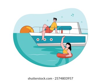 Tourist couple enjoying vacation at sea, summertime. Character design. Vector flat illustration