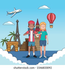 tourist couple with famous places characters vector illustration design