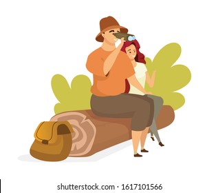 Tourist couple flat color vector illustration. People sitting on tree log. Male backpacker watching through binoculars. Female hiker. Man and woman isolated cartoon character on white background