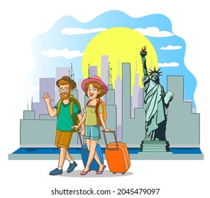 tourist couple going on vacation to america are in front of the statue of liberty