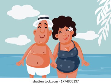 Tourist Couple Hand in Hand at the Beach. Senior couple spending retirement free time in exotic location
