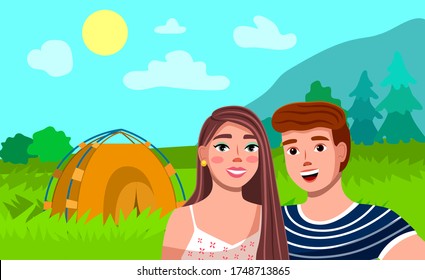 Tourist couple hiking activity. Man and woman camping, picnic with modern tent, outdoor recreation in the green forest. Trekking in nature, summer vacation. Camping concept with wildlife outdoors