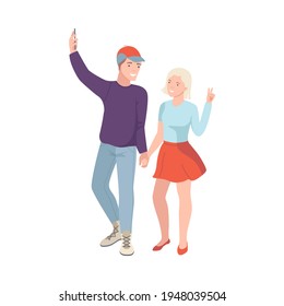 Tourist Couple on Excursion or Sightseeing Tour Holding Smartphone Taking Selfie Vector Illustration