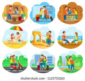 Tourist couple on journey adventure. From waterfall selfie to romantic dinner. Bright color vector bubble illustration set for travel agency promo.