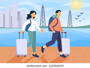 Tourist couple on street. Man and girl with suitcases walking down street. Travel on vacation, adventure. Summer and exotic countries and outdoor recreation. Cartoon flat vector illustration