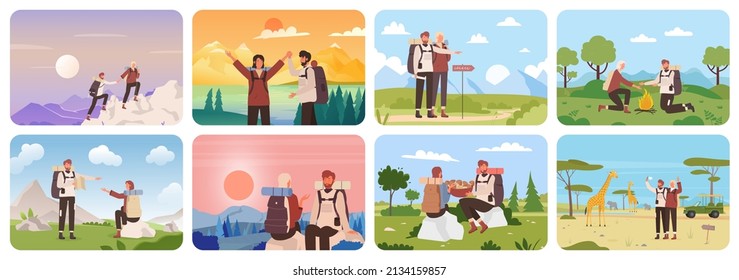 Tourist couple in outdoor travel adventure set vector illustration. Cartoon hiker characters trekking in scenic nature landscape, climbing on mountain top, hiking with backpacks. Tourism concept