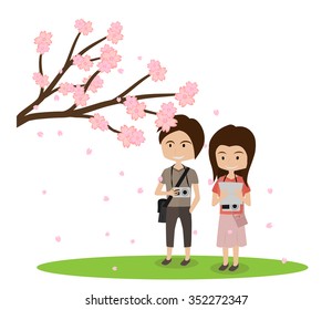 tourist couple with sakura cherry blossoms in spring season isolated on white background vector