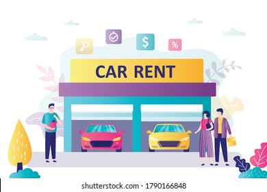 Tourist couple select auto for rent, salesman and car rental service. Garage with modern vehicles. Transport business, auto dealer or carsharing. Characters in trendy style. Flat vector illustration