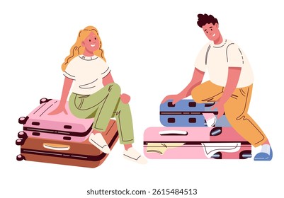 Tourist couple sitting on stack of suitcases. Tourists pack things, wait for transportation arrival. Tourism, luggage mascot, cartoon man and woman ready to travel vector illustration