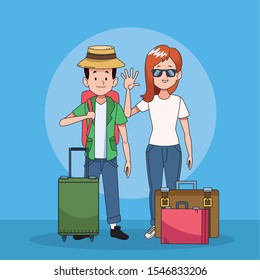 tourist couple with suitcases characters vector illustration design
