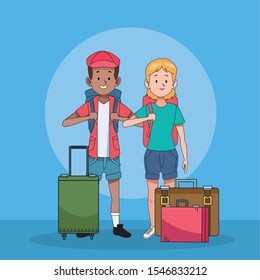 tourist couple with suitcases characters vector illustration design