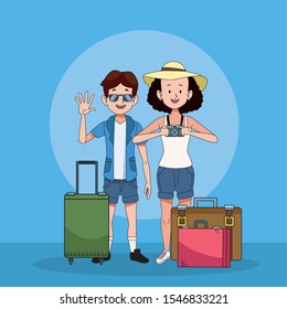 tourist couple with suitcases characters vector illustration design