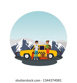 tourist couple with suitcases in taxi characters