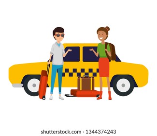 tourist couple with suitcases in taxi characters