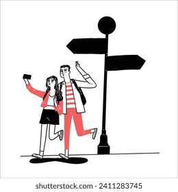 A tourist couple takes a selfie with a road sign. Hand drawn vector illustration line art doodle style.