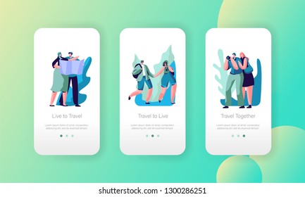 Tourist Couple Travel Mobile App Page Onboard Screen Set. Guy Walk in Urban Adventure with Camera and Map. Hiking Excursion Trip Route for Website or Web Page. Flat Cartoon Vector Illustration