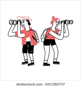 Tourist couple using binoculars, Hand drawn vector illustration line art doodle style. 