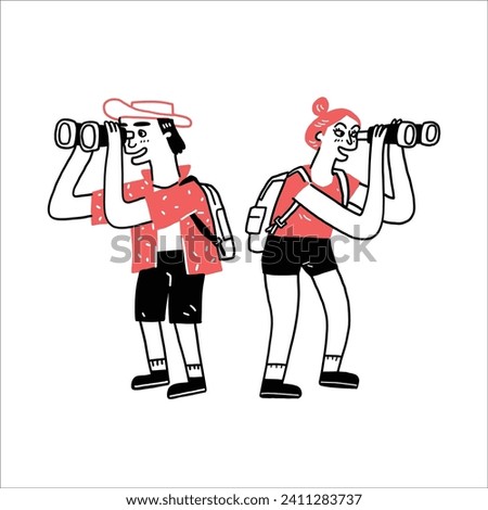 Tourist couple using binoculars, Hand drawn vector illustration line art doodle style. 
