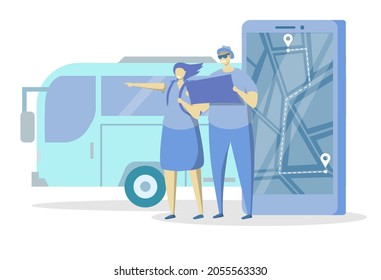 Tourist Couple Using Smartphone With Public Transport Mobile App, Flat Vector Illustration. City Map, Bus Route, Navigation. City Bus Services.