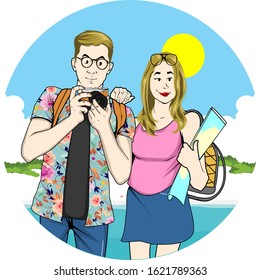 tourist couple vaction beach vector illustration