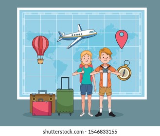 tourist couple with world map and suitcases vector illustration design