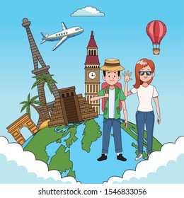 tourist couple with world planet and famous places vector illustration design