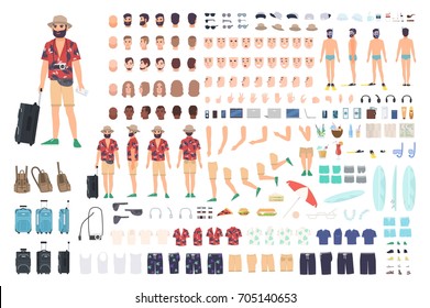 Tourist creation set or DIY kit. Collection of cartoon character's body parts, face with different emotions and skin colors isolated on white background. Vector illustration front, side, back view.