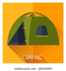 Tourist creative illustration of camping tent in flat style.