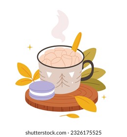 Tourist cup with marshmallows on a wooden stand and macaroons. Cute autumn illustration
