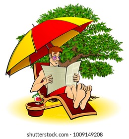 Tourist in a deckchair under a beach umbrella reads a newspaper against the background of a large tropical tree.