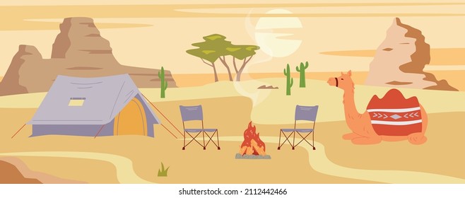 Tourist desert camping with tents and camels, flat vector illustration. Sandy desert day landscape background with tourist camp leisure facilities and equipment.