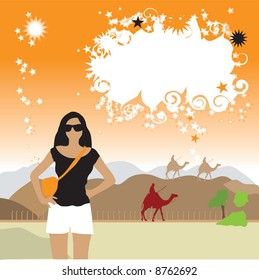 Tourist in desert, frame with place for your text