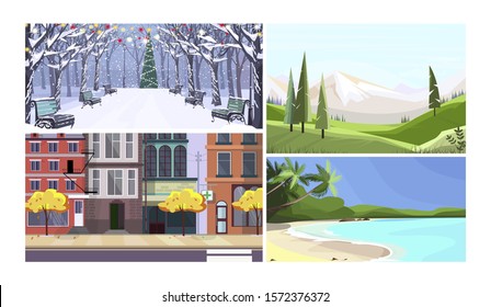 Tourist destinations in all seasons flat vector illustration set. Winter park, tropical island, mountains, city building. Tourism and nature concept