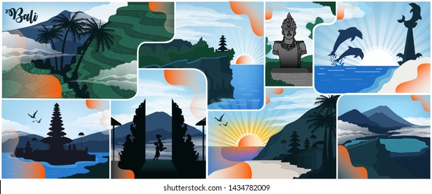 Tourist destinations in Bali. Vector background for banner. EPS10