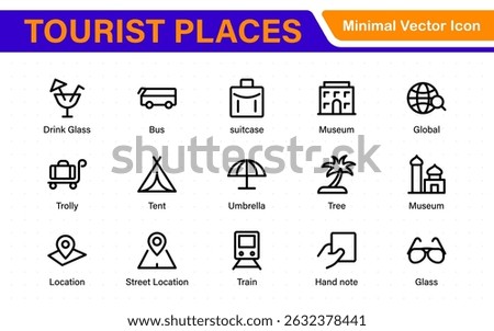 Tourist Destinations Icon Collection – Vector, Line Art, and Minimal Outline Illustrations for Famous Landmarks, Attractions, and Vacation Travel Designs