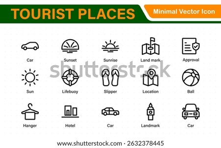 Tourist Destinations Icon Collection – Vector, Line Art, and Minimal Outline Illustrations for Famous Landmarks, Attractions, and Vacation Travel Designs