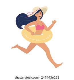 Tourist destinations in summer. Happy woman in a hat runs with a swimming ring. Concept vector illustration