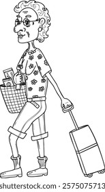 Tourist an elderly woman, pulling a suitcase. She carries a bag a passport and essentials in minimalistic style vector illustration. Excitement for journey, traveller, tourism theme.