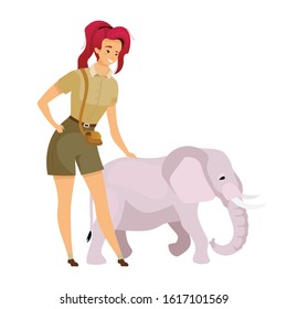 Tourist with elephant flat color vector illustration. Female tourist touching mammal baby. Trip to savannah. South african creature. Woman isolated cartoon character on white background