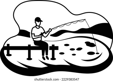 Tourist engaged in fishing Concept, Fisherman Having Fun on Pond vector color icon design, Outdoor weekend Activity symbol, Travel Holiday Scene Sign, Relaxing people at Vacation stock illustration