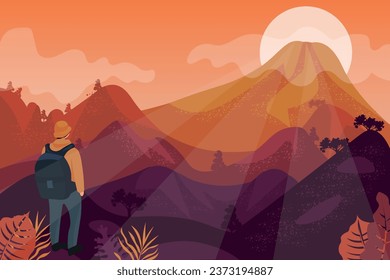 Tourist enjoying beautiful landscape with high mountains and sun